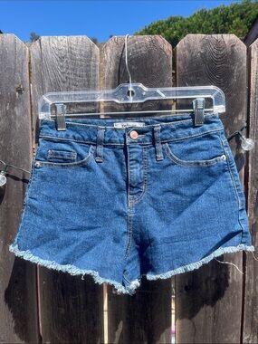 refuge Dark Blue High-Rise Frayed Hem Denim Shorts